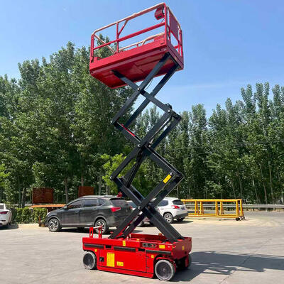 320kg 10m منصة رفع مقص هيدروليكية ذاتية الدفع حمراء صغيرة